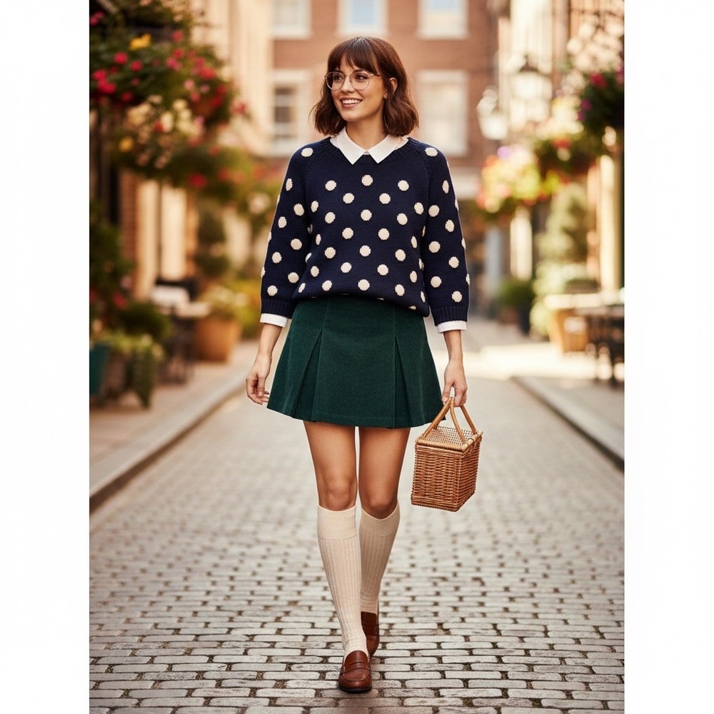 Women's Medium Navy Polka Dot Sweater 3/4 chunky Knit Twee Preppy academia